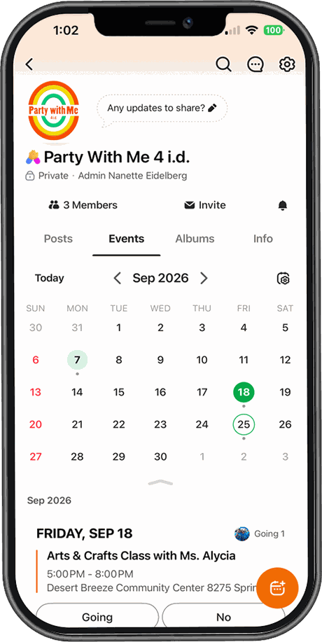 A phone showing the Party With Me 4 i.d. group in the Band app, open on the events calendar.